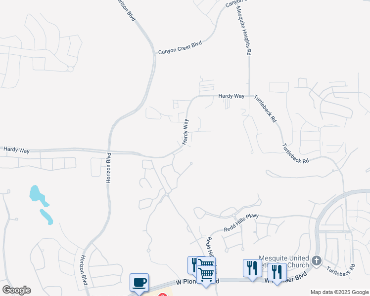 map of restaurants, bars, coffee shops, grocery stores, and more near 716 Hardy Way in Mesquite