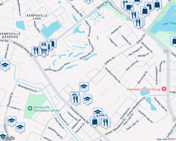 map of restaurants, bars, coffee shops, grocery stores, and more near 629 Meadows Drive in Virginia Beach