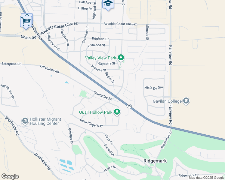 map of restaurants, bars, coffee shops, grocery stores, and more near 2616 Glenview Drive in Hollister