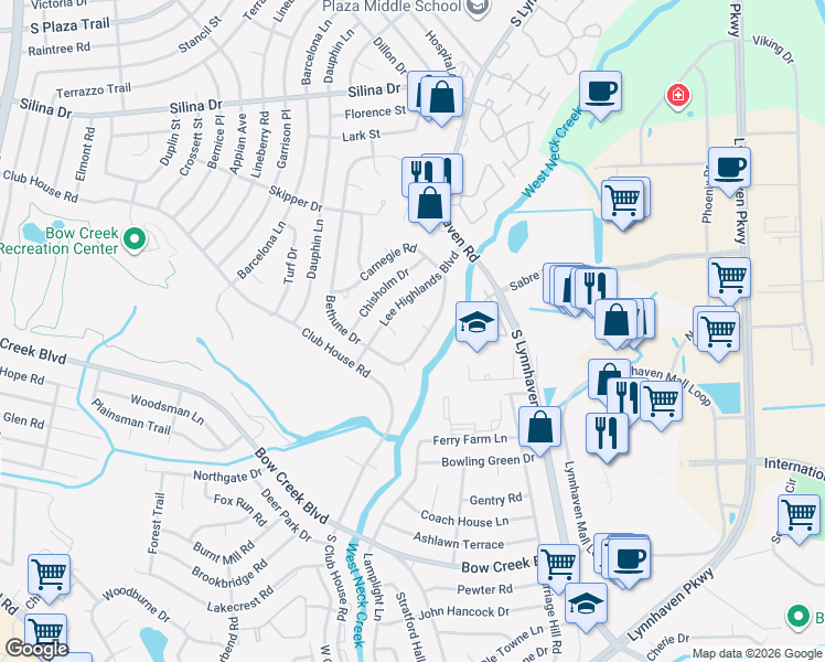 map of restaurants, bars, coffee shops, grocery stores, and more near 457 Drake Court in Virginia Beach