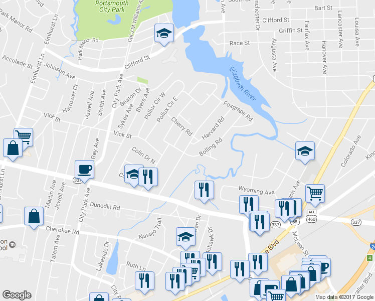 map of restaurants, bars, coffee shops, grocery stores, and more near 39 Bolling Road in Portsmouth