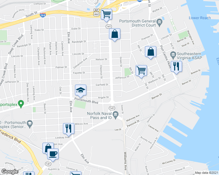 map of restaurants, bars, coffee shops, grocery stores, and more near 2404 Effingham Street in Portsmouth