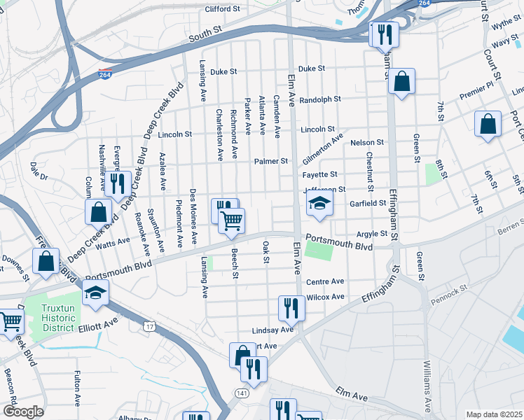 map of restaurants, bars, coffee shops, grocery stores, and more near 2403 Acorn Street in Portsmouth