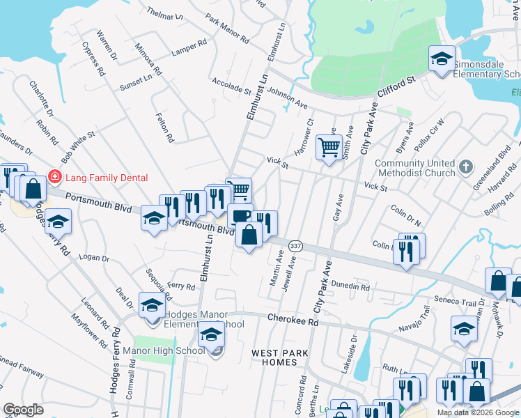 map of restaurants, bars, coffee shops, grocery stores, and more near 10 Roberts Court East in Portsmouth