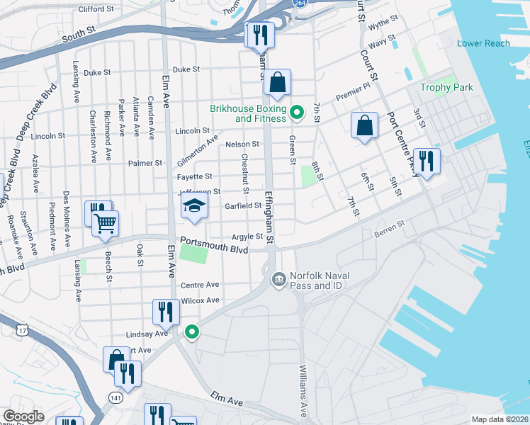 map of restaurants, bars, coffee shops, grocery stores, and more near 2404 Effingham Street in Portsmouth