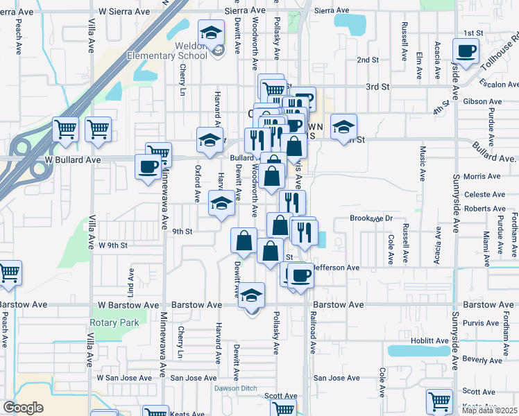map of restaurants, bars, coffee shops, grocery stores, and more near 520 Eighth Street in Clovis