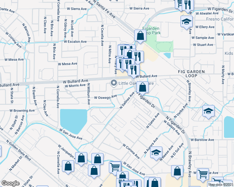 map of restaurants, bars, coffee shops, grocery stores, and more near 4448 West Oswego Avenue in Fresno