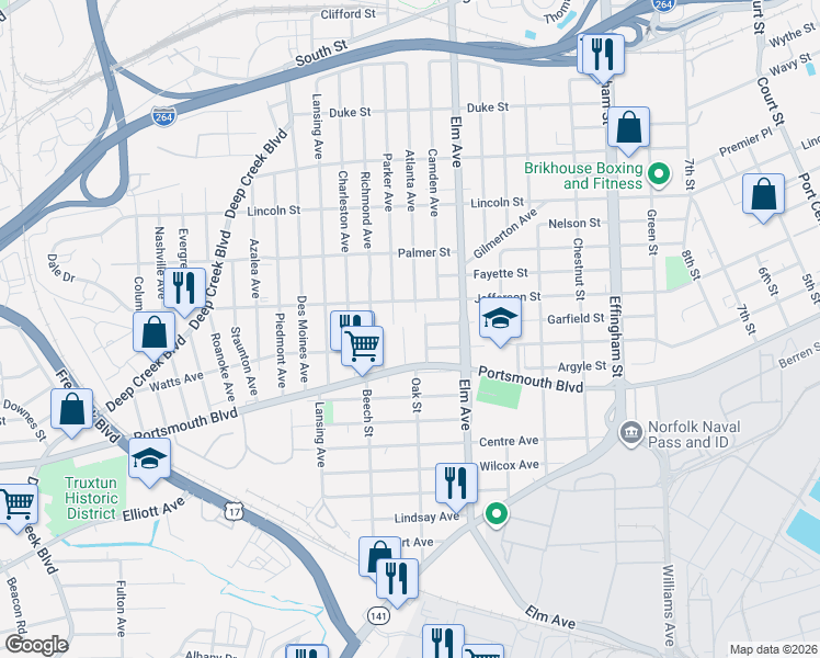 map of restaurants, bars, coffee shops, grocery stores, and more near 2420 Oak Street in Portsmouth