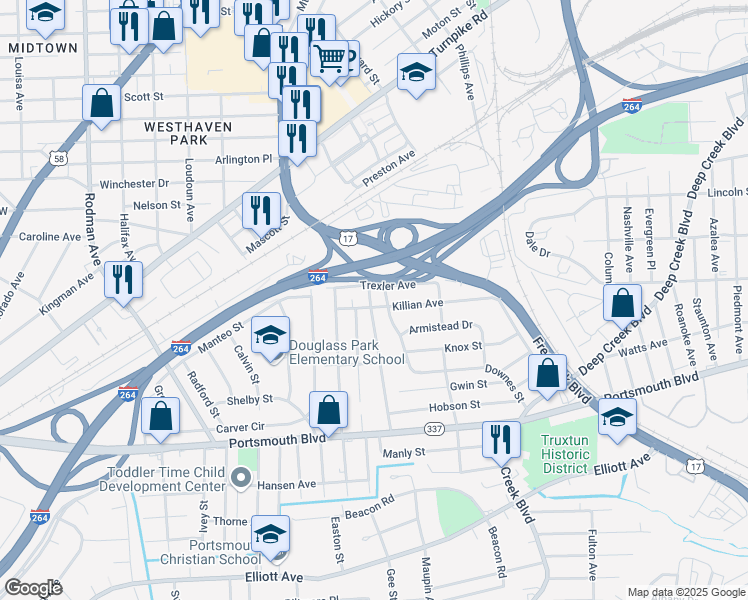map of restaurants, bars, coffee shops, grocery stores, and more near 2617 Arcadia Avenue in Portsmouth