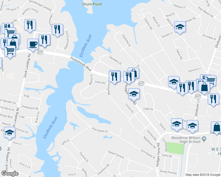 map of restaurants, bars, coffee shops, grocery stores, and more near 109 Mayflower Road in Portsmouth