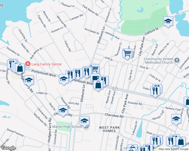 map of restaurants, bars, coffee shops, grocery stores, and more near 5610 Portsmouth Boulevard in Portsmouth