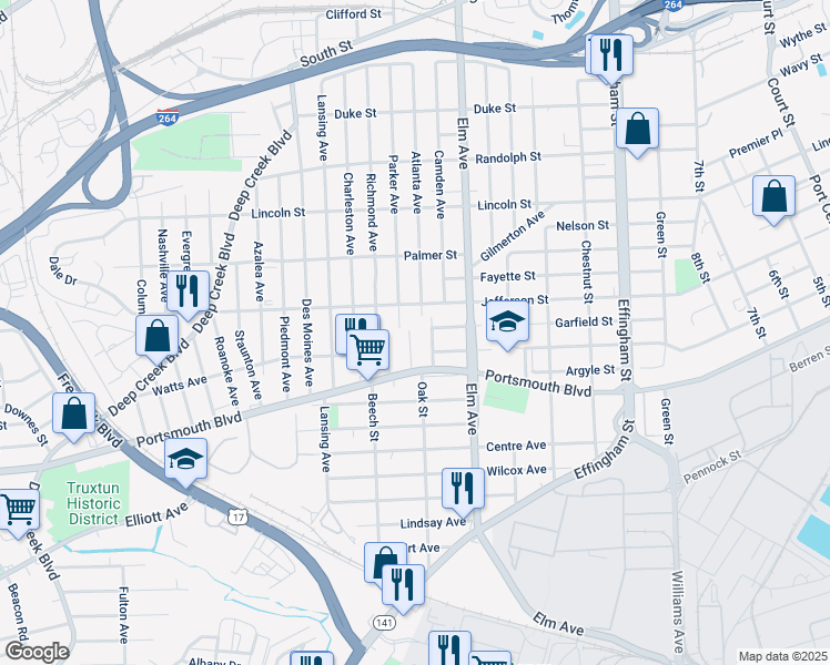 map of restaurants, bars, coffee shops, grocery stores, and more near 2403 Acorn Street in Portsmouth