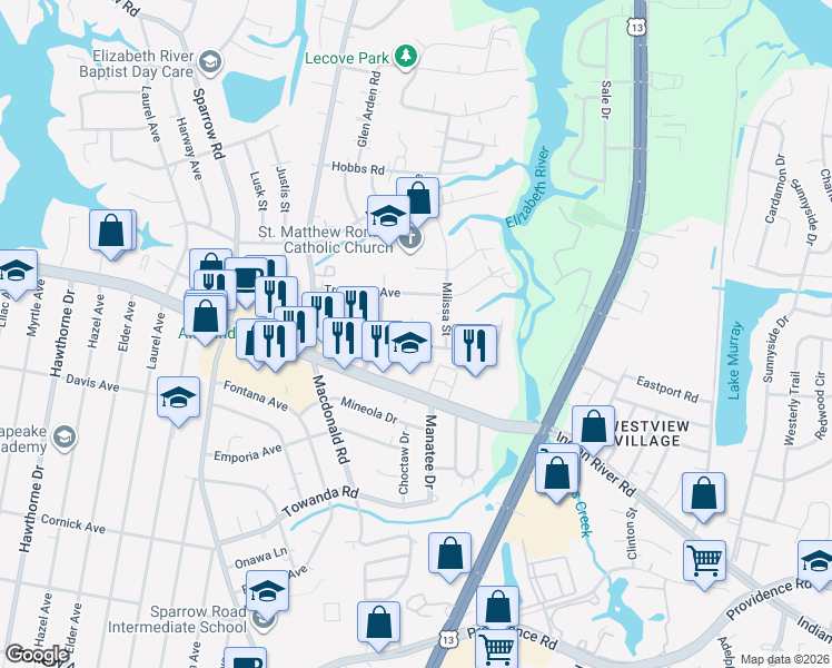 map of restaurants, bars, coffee shops, grocery stores, and more near 1016 Sherry Avenue in Virginia Beach