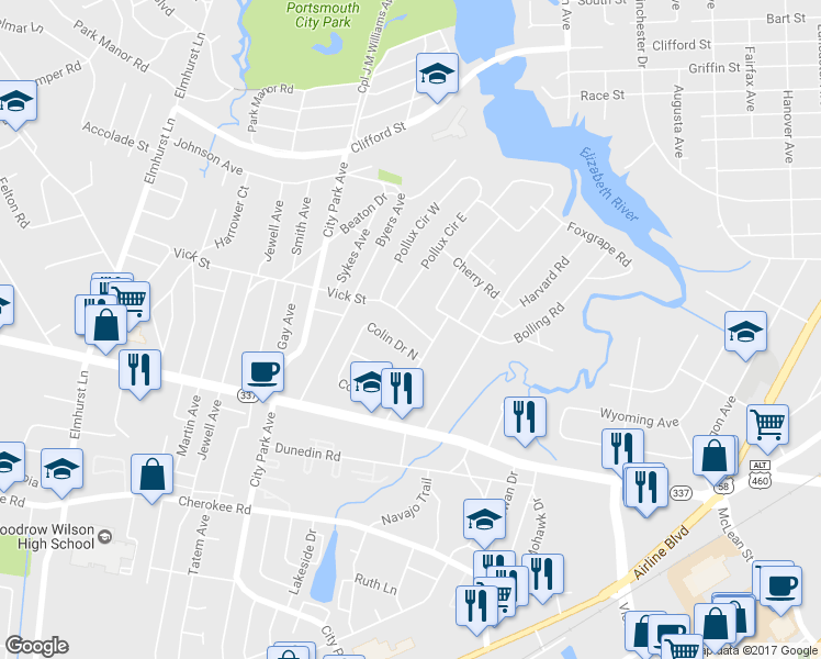 map of restaurants, bars, coffee shops, grocery stores, and more near 4807 Vick Street in Portsmouth