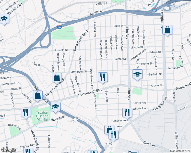 map of restaurants, bars, coffee shops, grocery stores, and more near 2318 Lansing Avenue in Portsmouth