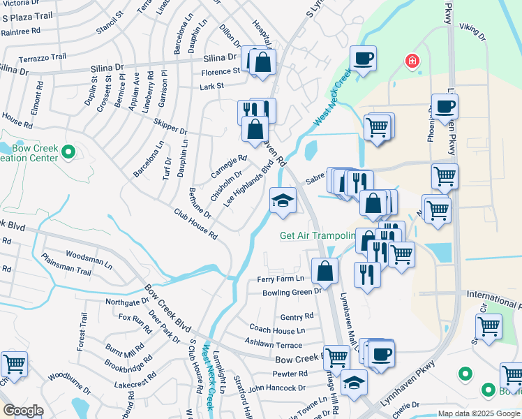 map of restaurants, bars, coffee shops, grocery stores, and more near 645 Bethune Dr in Virginia Beach