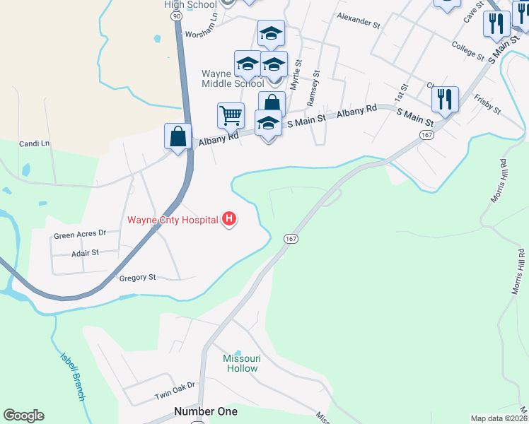 map of restaurants, bars, coffee shops, grocery stores, and more near Creek View Sub Road in Monticello