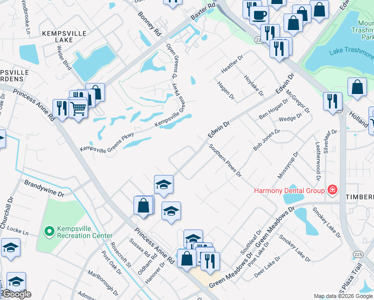 map of restaurants, bars, coffee shops, grocery stores, and more near 616 Meadows Drive in Virginia Beach