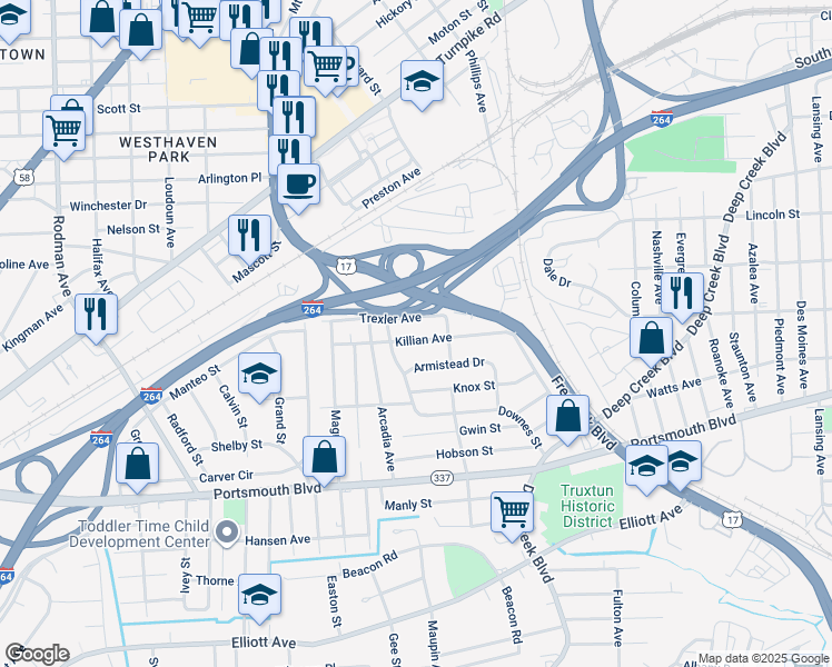 map of restaurants, bars, coffee shops, grocery stores, and more near 3320 Killian Avenue in Portsmouth