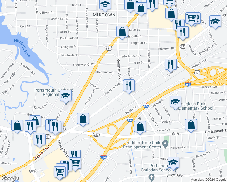 map of restaurants, bars, coffee shops, grocery stores, and more near 3725 Kingman Avenue in Portsmouth