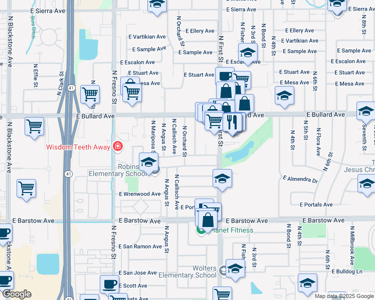map of restaurants, bars, coffee shops, grocery stores, and more near 5666 North Orchard Street in Fresno