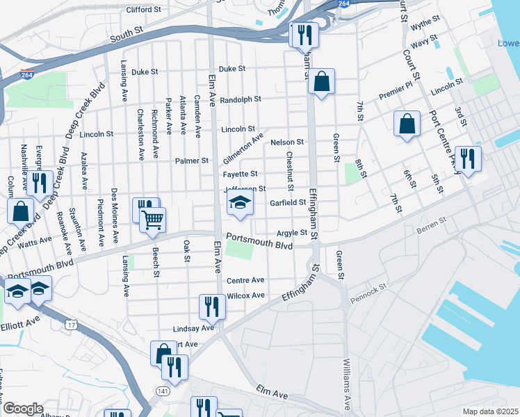 map of restaurants, bars, coffee shops, grocery stores, and more near 2404 Peach Street in Portsmouth