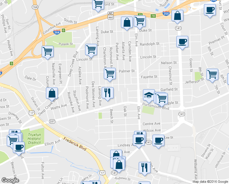 map of restaurants, bars, coffee shops, grocery stores, and more near 2403 Richmond Avenue in Portsmouth
