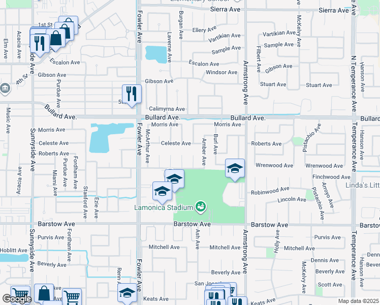 map of restaurants, bars, coffee shops, grocery stores, and more near 820 Burgan Avenue in Clovis