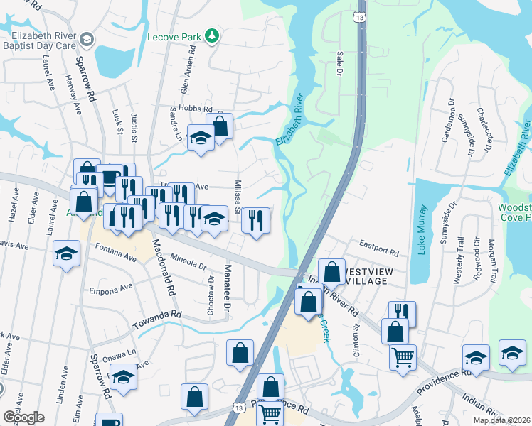 map of restaurants, bars, coffee shops, grocery stores, and more near 1113 Nolan Avenue in Virginia Beach