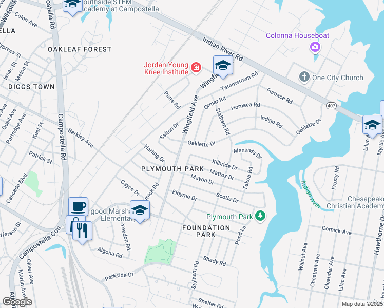 map of restaurants, bars, coffee shops, grocery stores, and more near 2900 Kilbride Drive in Chesapeake