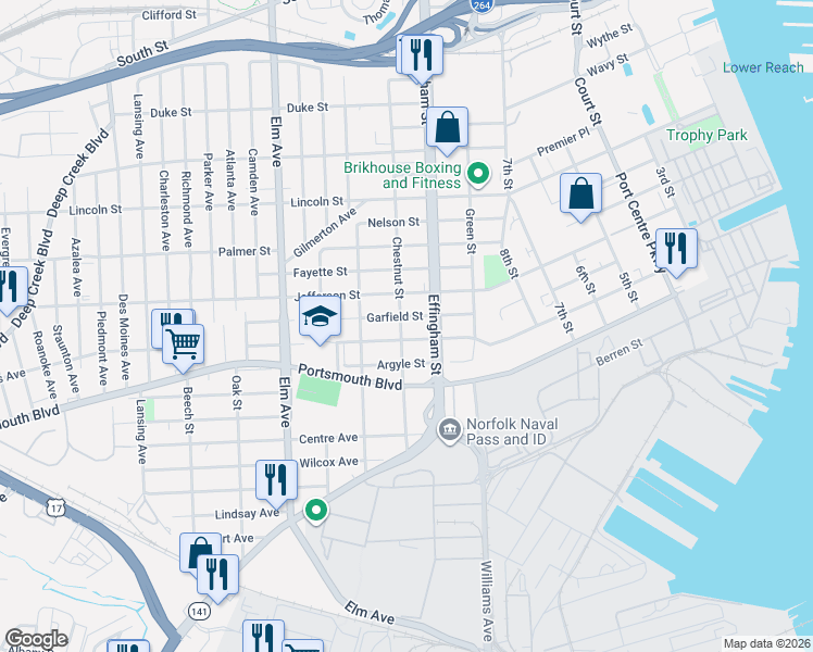 map of restaurants, bars, coffee shops, grocery stores, and more near 2408 Chestnut Street in Portsmouth