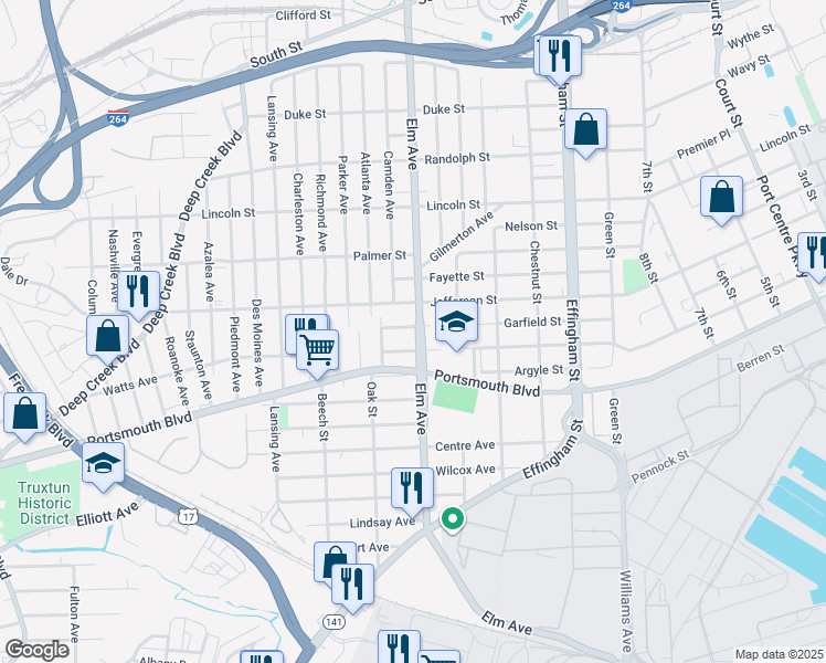 map of restaurants, bars, coffee shops, grocery stores, and more near 2404 Elm Avenue in Portsmouth