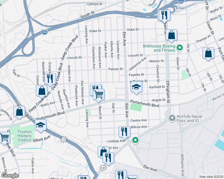map of restaurants, bars, coffee shops, grocery stores, and more near 2420 Oak Street in Portsmouth