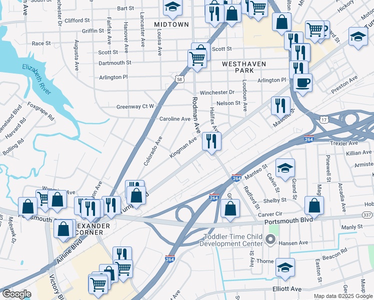 map of restaurants, bars, coffee shops, grocery stores, and more near 3725 Kingman Avenue in Portsmouth