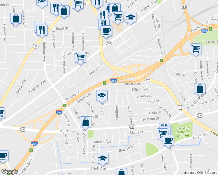 map of restaurants, bars, coffee shops, grocery stores, and more near 347 Carver Cir in Portsmouth
