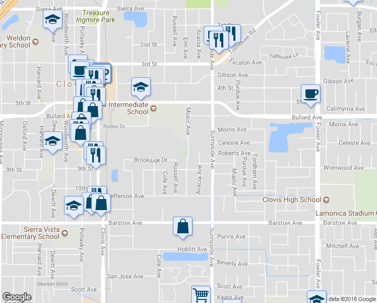 map of restaurants, bars, coffee shops, grocery stores, and more near 792 Music Avenue in Clovis