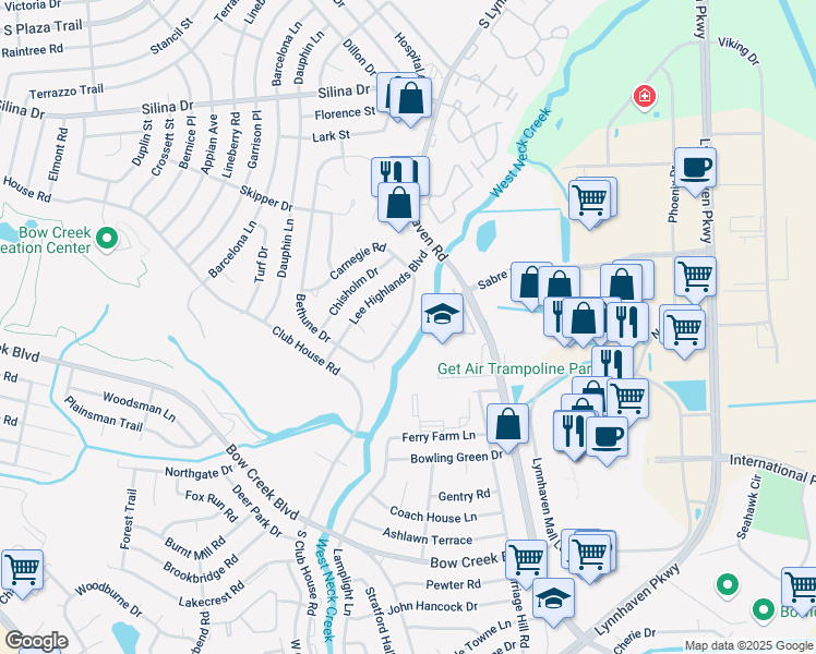map of restaurants, bars, coffee shops, grocery stores, and more near 645 Bethune Dr in Virginia Beach