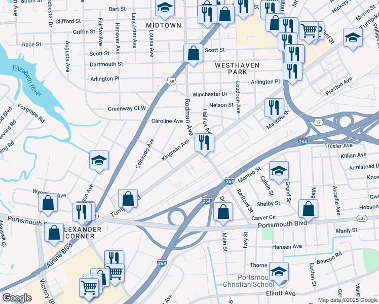 map of restaurants, bars, coffee shops, grocery stores, and more near 3710 Turnpike Road in Portsmouth