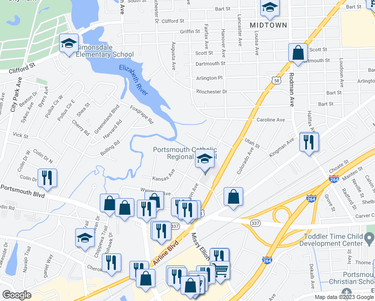 map of restaurants, bars, coffee shops, grocery stores, and more near 81 Kansas Avenue in Portsmouth