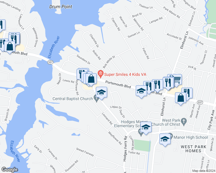 map of restaurants, bars, coffee shops, grocery stores, and more near 100 Hodges Manor Road in Portsmouth