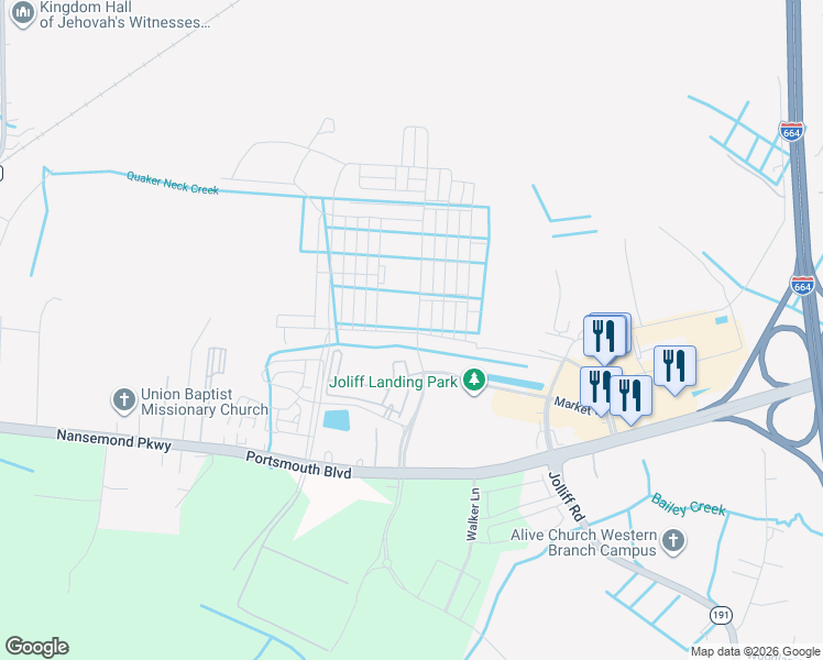 map of restaurants, bars, coffee shops, grocery stores, and more near Silverberry Drive in Chesapeake