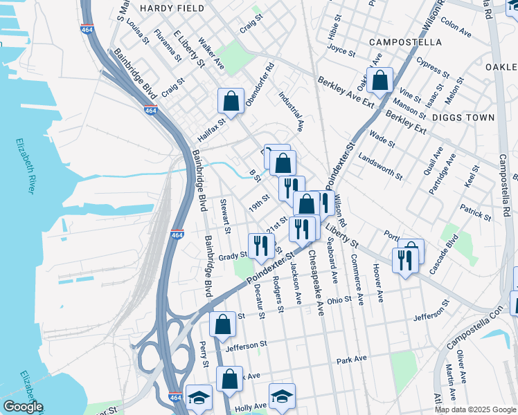 map of restaurants, bars, coffee shops, grocery stores, and more near 1312 19th Street in Chesapeake