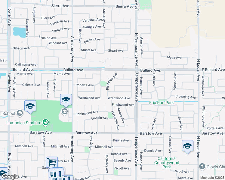 map of restaurants, bars, coffee shops, grocery stores, and more near 820 Arroyo Avenue in Clovis