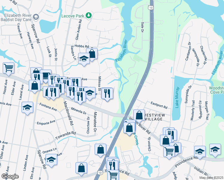 map of restaurants, bars, coffee shops, grocery stores, and more near 1113 Nolan Avenue in Virginia Beach