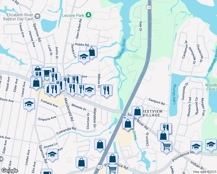 map of restaurants, bars, coffee shops, grocery stores, and more near 1113 Nolan Avenue in Virginia Beach