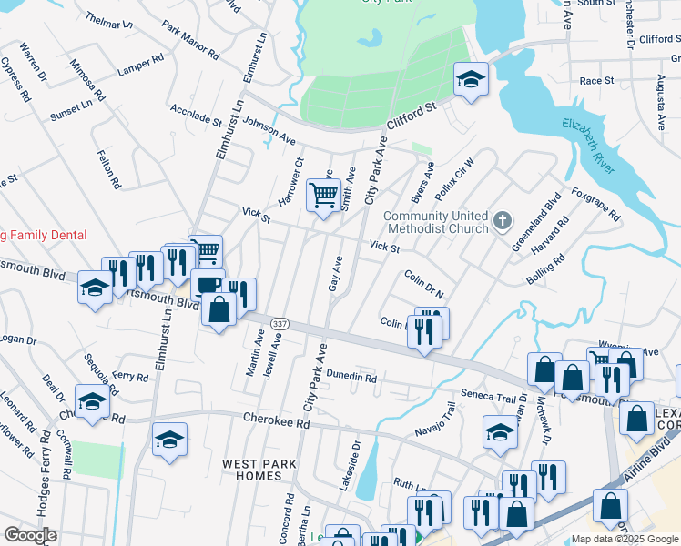 map of restaurants, bars, coffee shops, grocery stores, and more near 821 Gay Avenue in Portsmouth