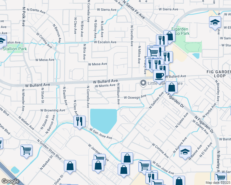 map of restaurants, bars, coffee shops, grocery stores, and more near 4659 West Celeste Avenue in Fresno