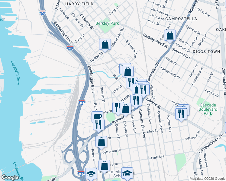 map of restaurants, bars, coffee shops, grocery stores, and more near 511 D St in Chesapeake