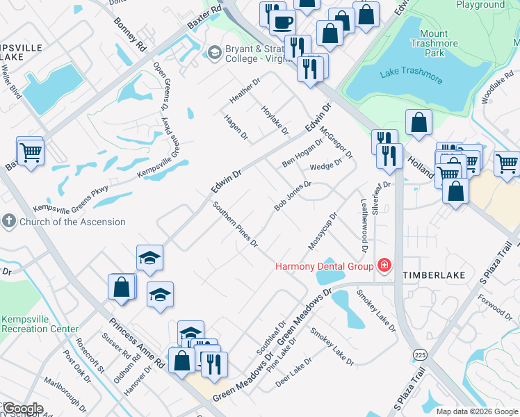map of restaurants, bars, coffee shops, grocery stores, and more near 600 Ryder Cup Lane in Virginia Beach