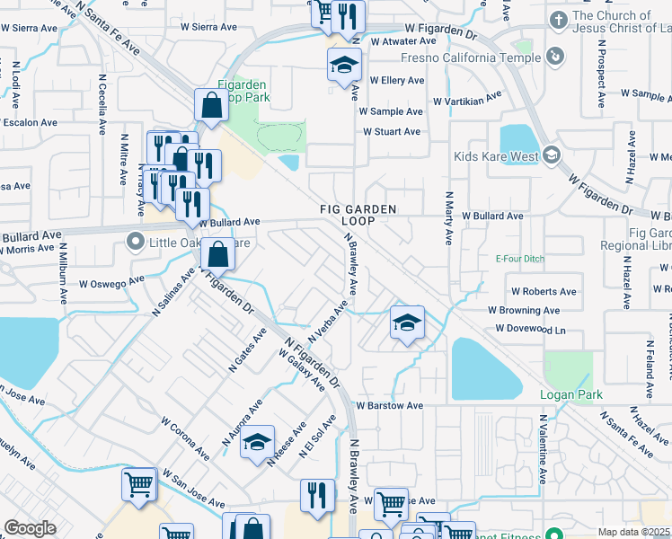 map of restaurants, bars, coffee shops, grocery stores, and more near 4023 West Peach Tree Lane in Fresno